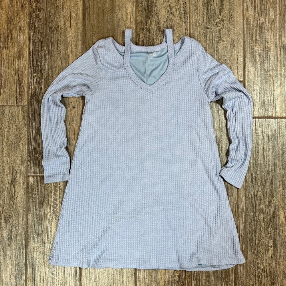 Francesca's Alya Blue Waffle Knit Cold Shoulder V-Neck Dress‎ Size Small
